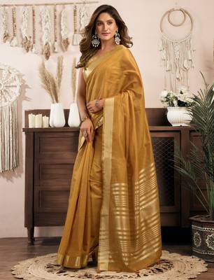 Mustard khadi cotton zari woven saree with blouse 3