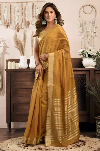 Mustard khadi cotton zari woven saree with blouse