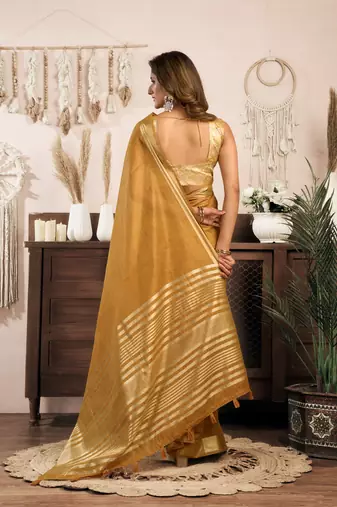 Mustard khadi cotton zari woven saree with blouse
