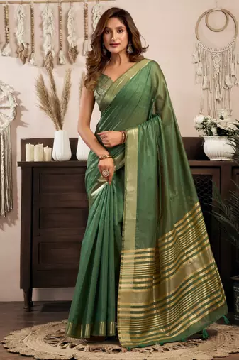 Bottle green khadi cotton zari woven saree with blouse