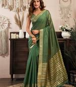 Bottle green khadi cotton zari woven saree with blouse
