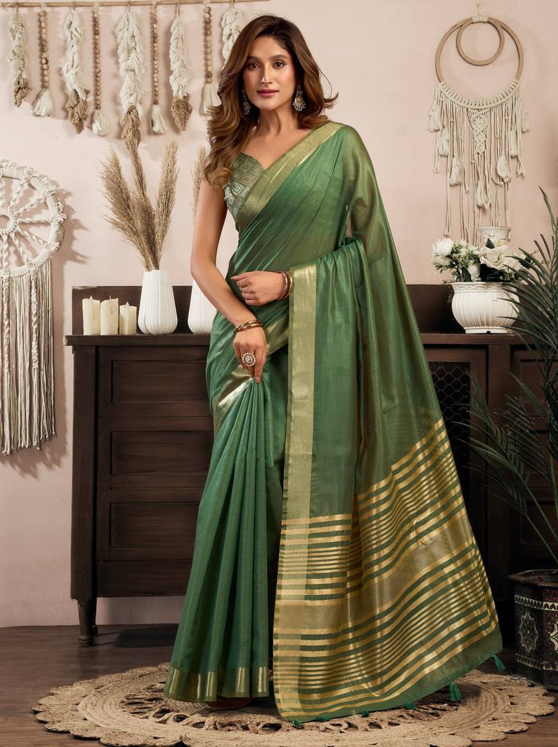 Bottle green khadi cotton zari woven saree with blouse