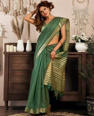 Bottle green khadi cotton zari woven saree with blouse 2