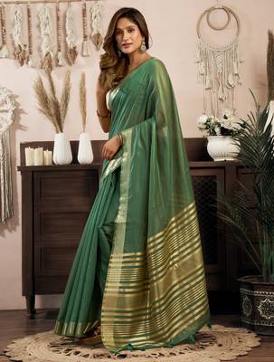 Bottle green khadi cotton zari woven saree with blouse 3