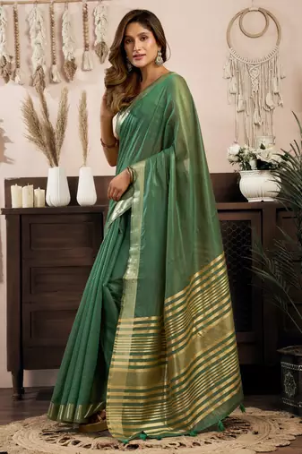 Bottle green khadi cotton zari woven saree with blouse