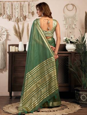 Bottle green khadi cotton zari woven saree with blouse 5