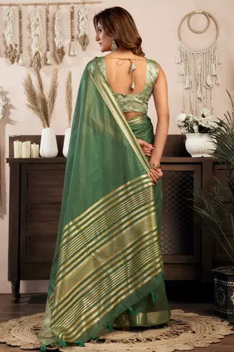 Bottle green khadi cotton zari woven saree with blouse