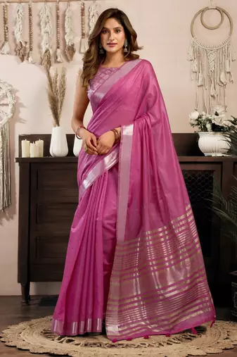 Magenta khadi cotton zari woven saree with blouse