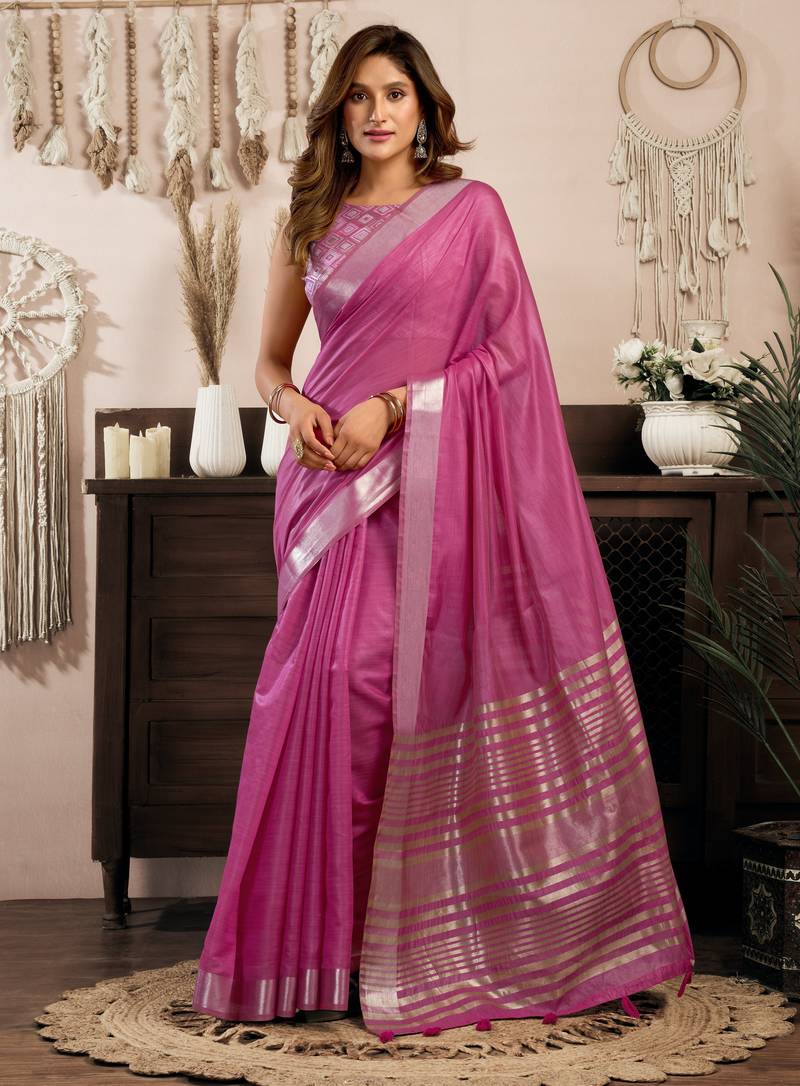 Magenta khadi cotton zari woven saree with blouse