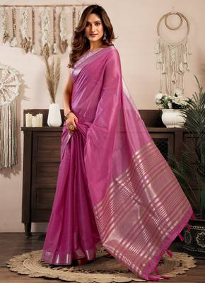 Magenta khadi cotton zari woven saree with blouse 2