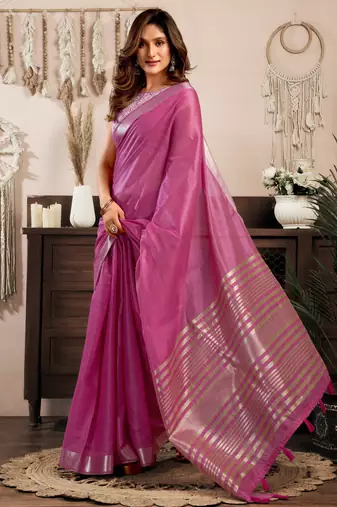 Magenta khadi cotton zari woven saree with blouse