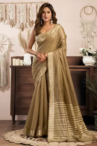 Beige khadi cotton zari woven saree with blouse