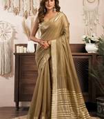 Beige khadi cotton zari woven saree with blouse