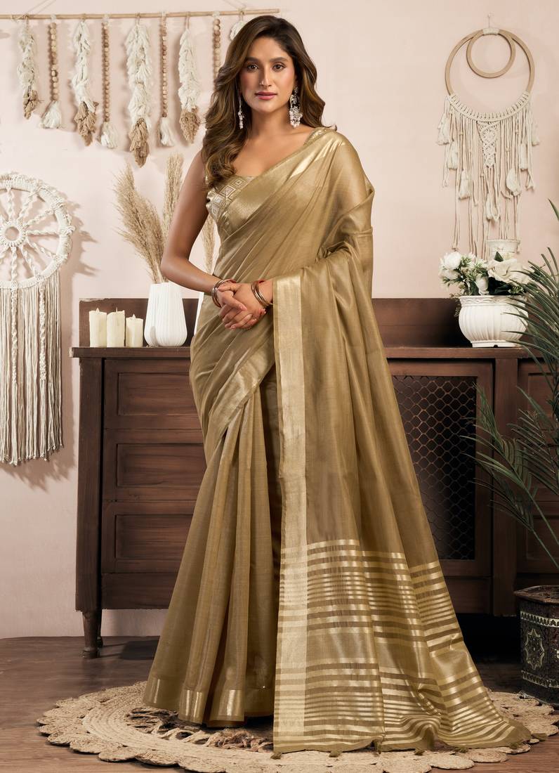 Beige khadi cotton zari woven saree with blouse