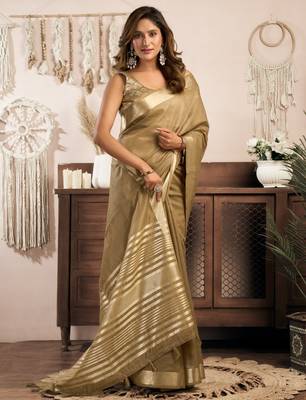 Beige khadi cotton zari woven saree with blouse 2