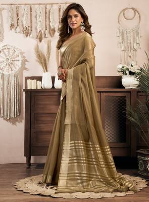 Beige khadi cotton zari woven saree with blouse 3