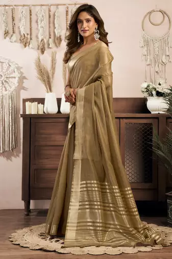 Beige khadi cotton zari woven saree with blouse