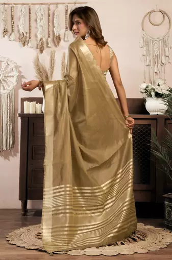 Beige khadi cotton zari woven saree with blouse