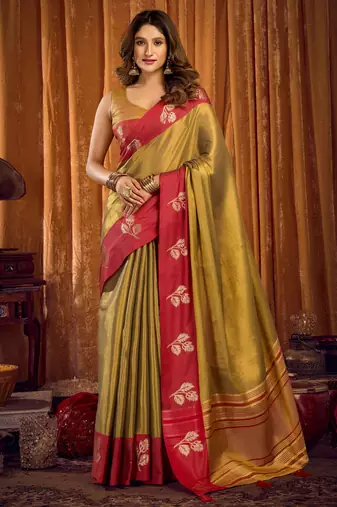 Mehendi soft tissue zari woven saree with blouse