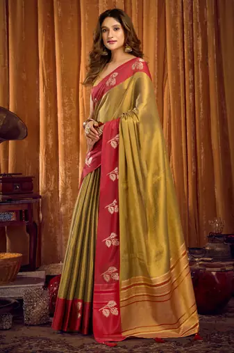 Mehendi soft tissue zari woven saree with blouse