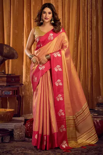 Peach soft tissue zari woven saree with blouse