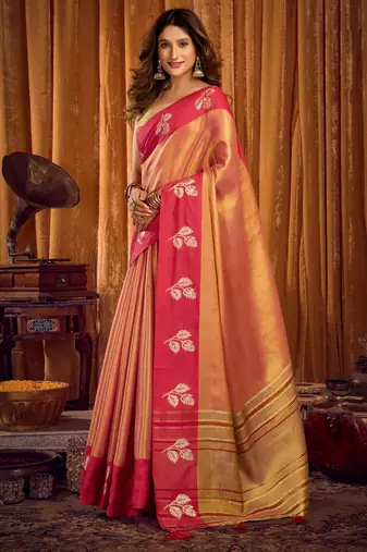 Peach soft tissue zari woven saree with blouse