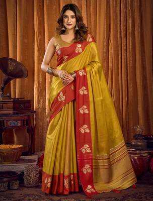 parrot green soft tissue zari woven saree for festive wear 1
