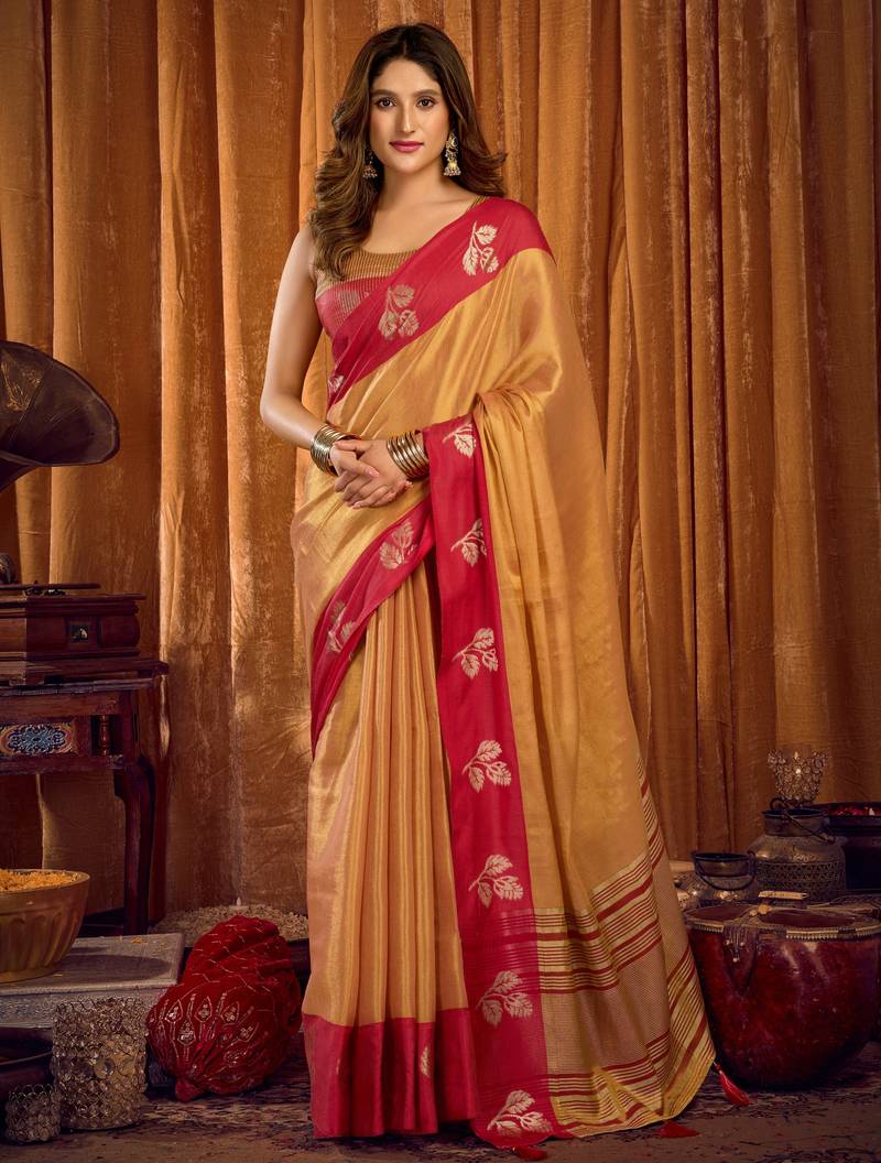 Beige soft tissue zari woven saree with blouse