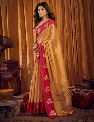 Beige soft tissue zari woven saree with blouse 3