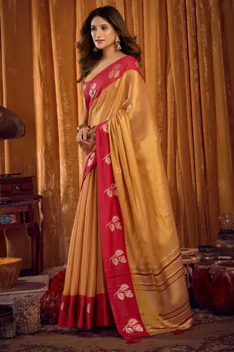 Beige soft tissue zari woven saree with blouse