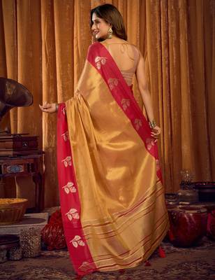 Beige soft tissue zari woven saree with blouse 5