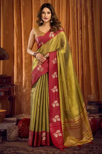 Mehendi soft tissue zari woven saree with blouse