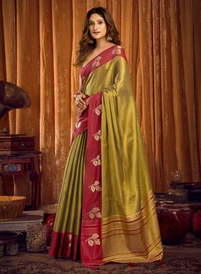 Mehendi soft tissue zari woven saree with blouse 3