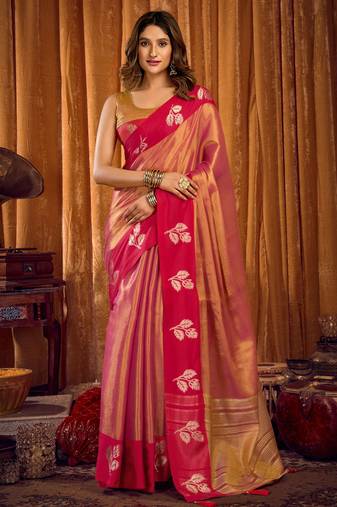 Pink soft tissue zari woven saree with blouse