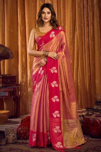 Pink soft tissue zari woven saree with blouse
