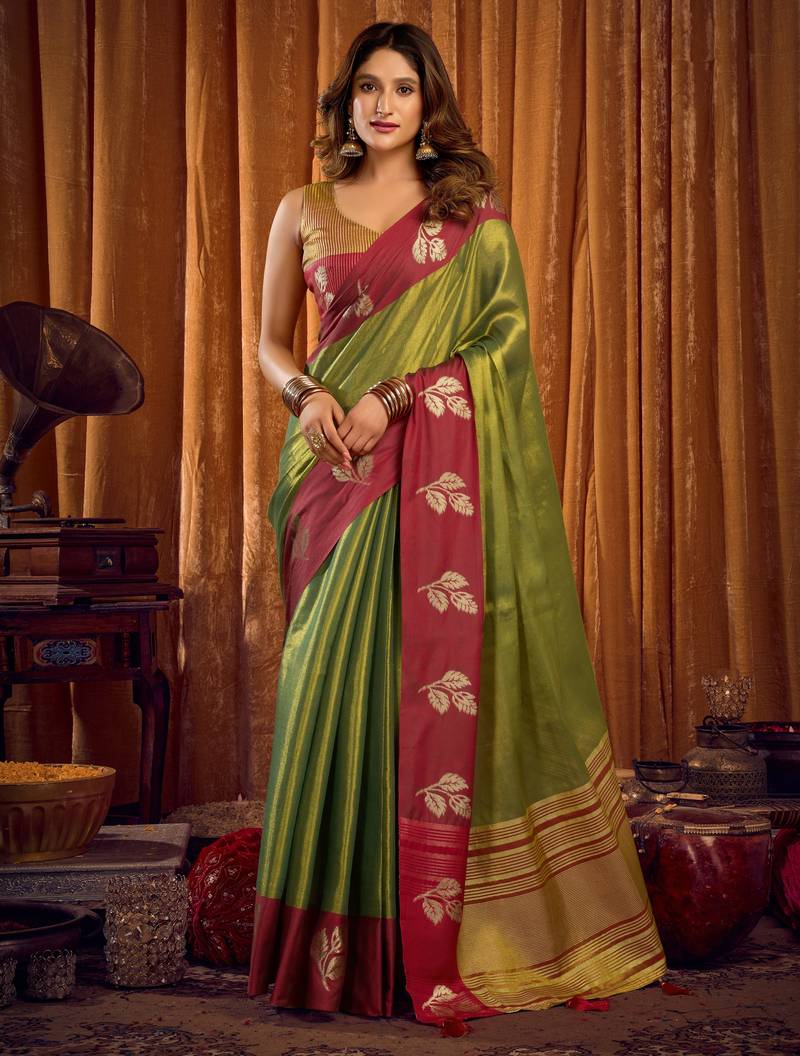 Green soft tissue zari woven saree with blouse