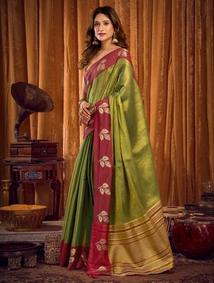 Green soft tissue zari woven saree with blouse 3