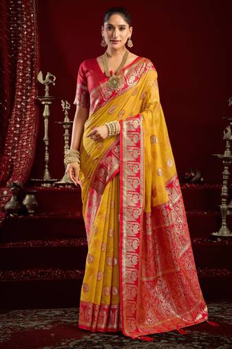 Yellow modal banarasi zari woven saree with blouse