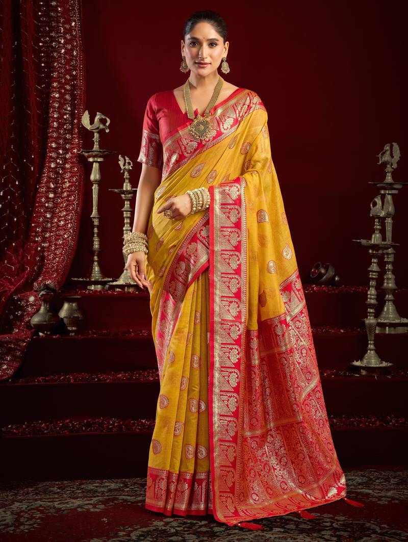 Yellow modal banarasi zari woven saree with blouse