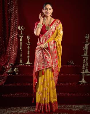 Yellow modal banarasi zari woven saree with blouse 2