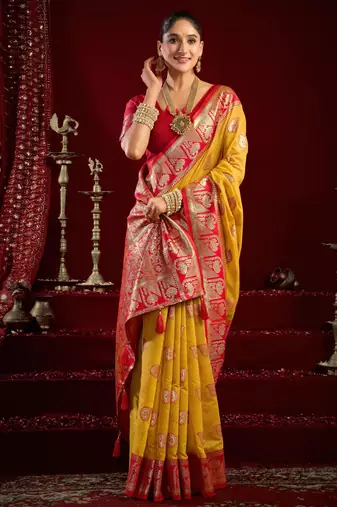 Yellow modal banarasi zari woven saree with blouse