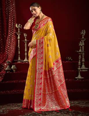Yellow modal banarasi zari woven saree with blouse 3