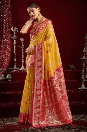 Yellow modal banarasi zari woven saree with blouse