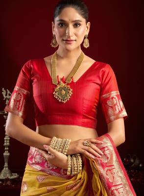 Yellow modal banarasi zari woven saree with blouse 4