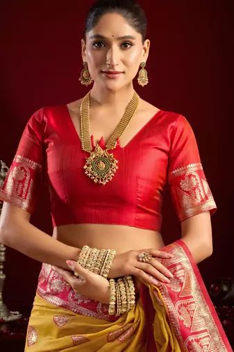 Yellow modal banarasi zari woven saree with blouse
