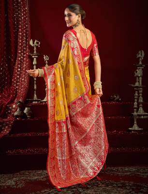 Yellow modal banarasi zari woven saree with blouse 5