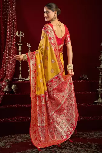 Yellow modal banarasi zari woven saree with blouse