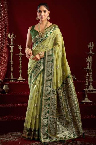 Pista green modal banarasi zari woven saree with blouse