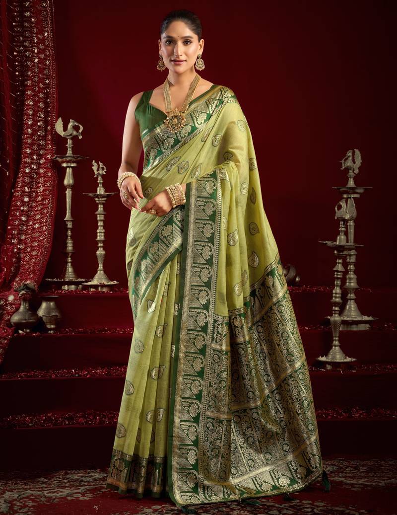 Pista green modal banarasi zari woven saree with blouse