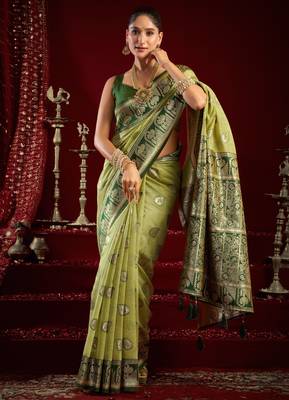 Pista green modal banarasi zari woven saree with blouse 2